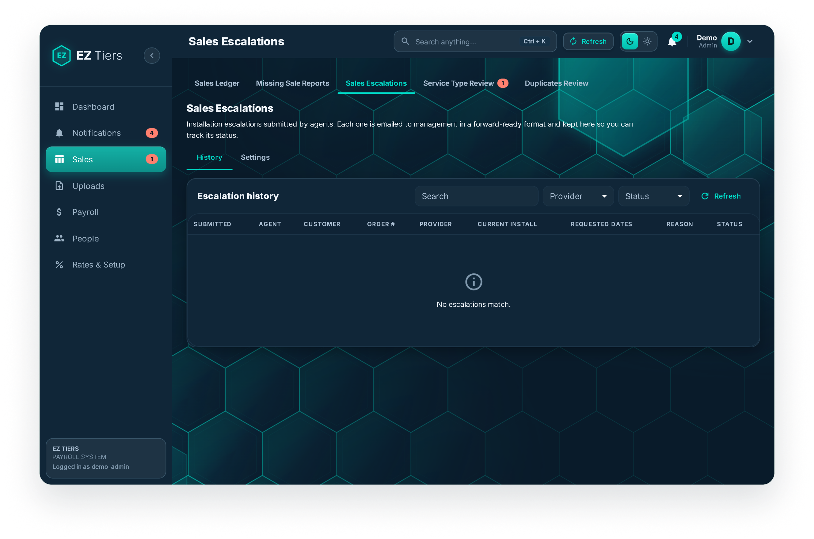EZ Tiers Sales Escalations dashboard showing escalation history, provider and status filters, and tracking for installation issues submitted by agents.