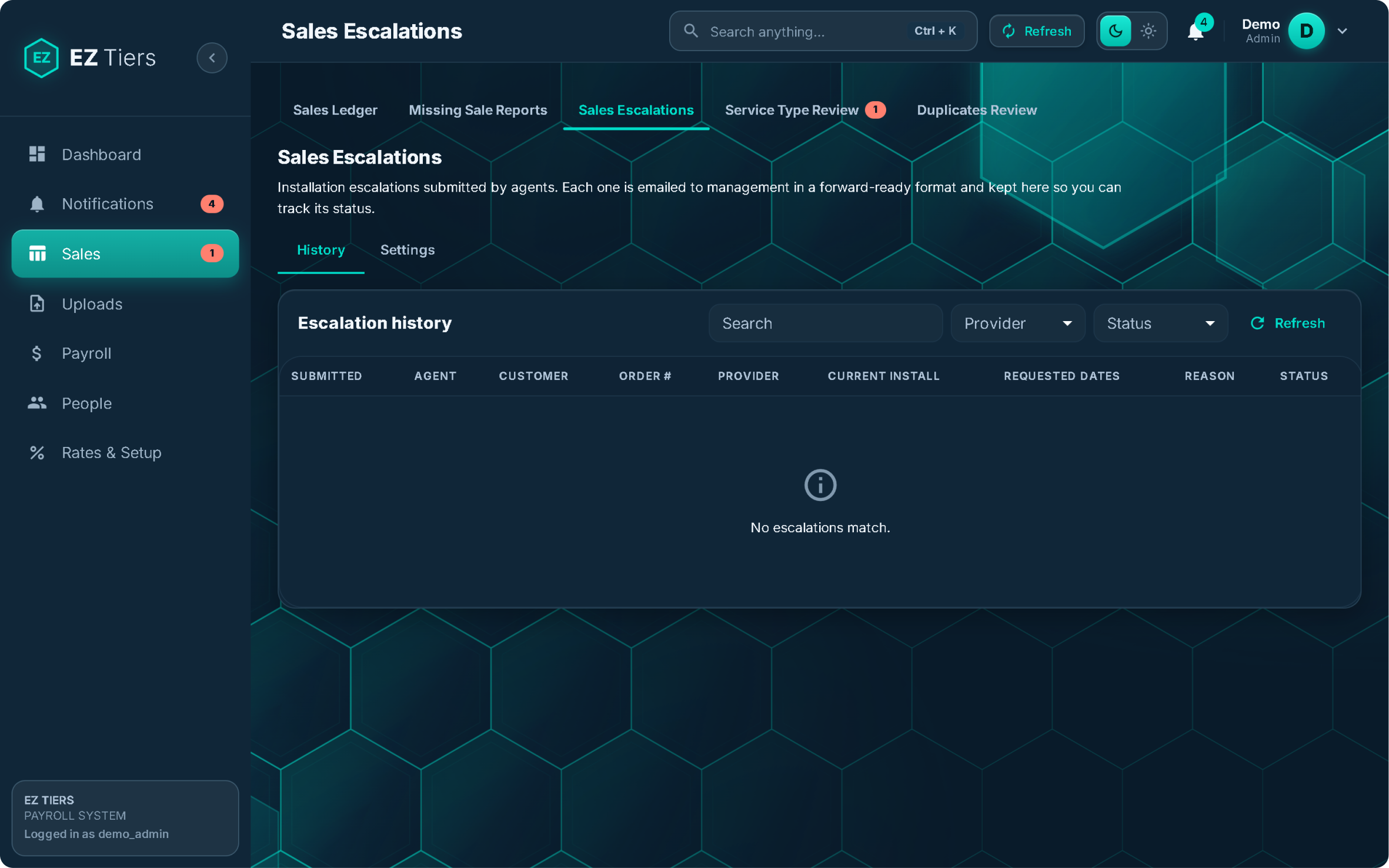 EZ Tiers Sales Escalations screen with escalation history, provider and status filters.