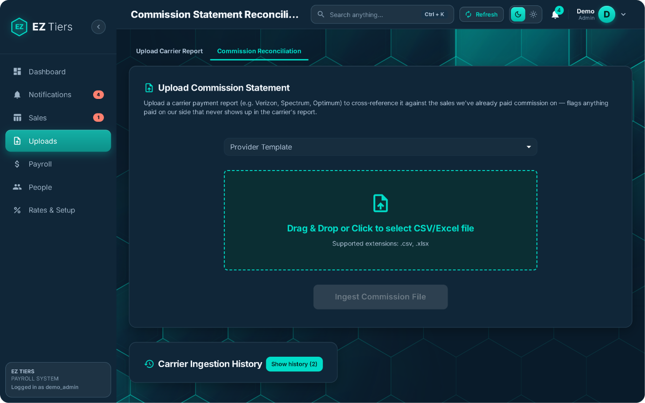 EZ Tiers Commission Statement Reconciliation screen for cross-referencing partner statements.